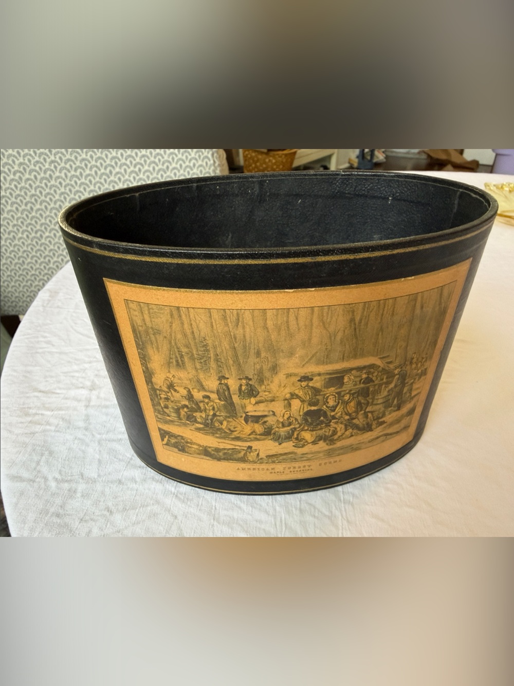 Vintage Black and Tan Decorative Desk Basket with Scenic Print